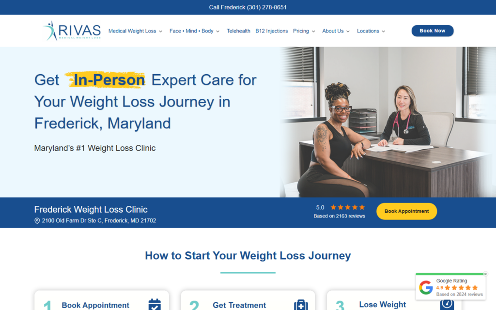 Rivas Medical Weight Loss Frederick, Maryland clinic page with appointment booking and patient reviews