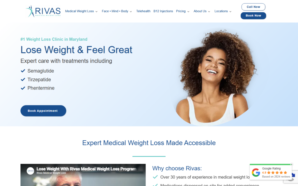 Rivas Medical Weight Loss website homepage showing medical weight loss treatments and appointment booking