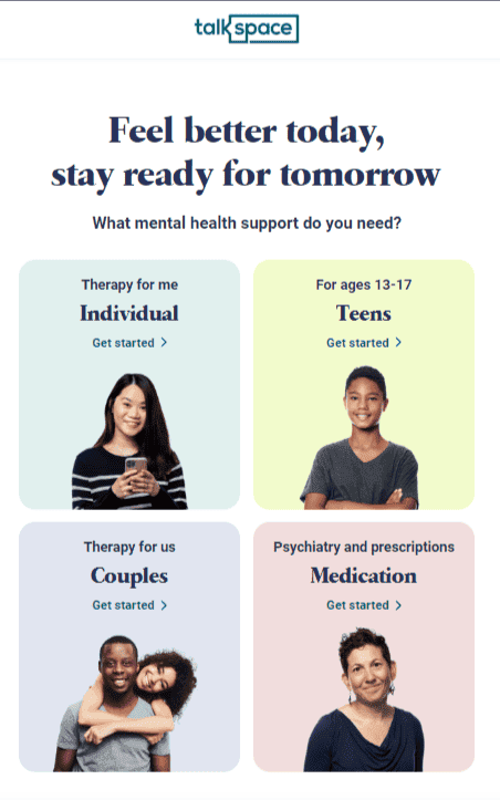 Talkspace website showing therapy support options