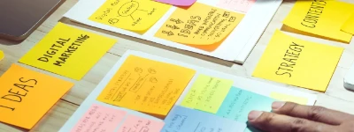 Healthcare digital marketing strategy planned with campaign ideas on colorful notes