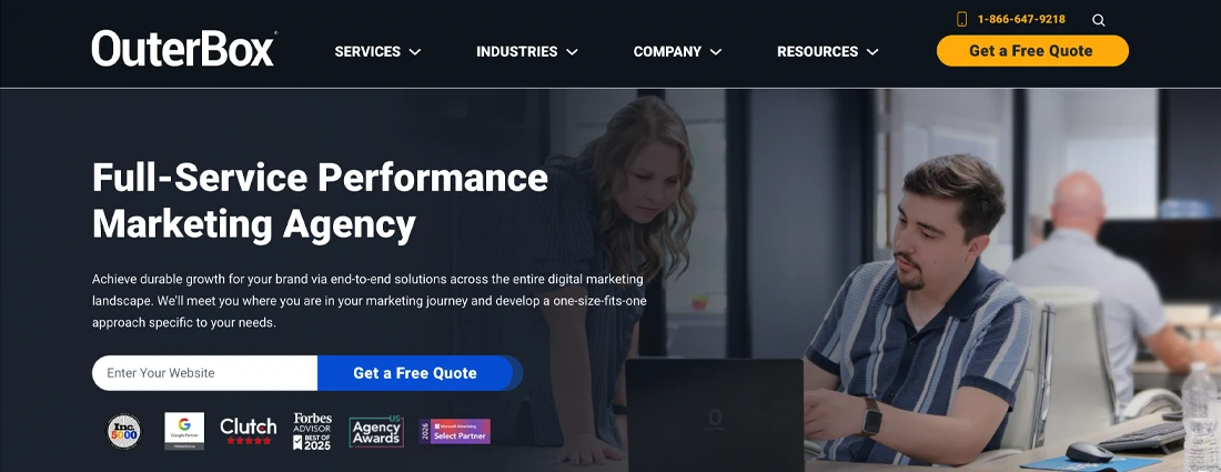 OuterBox homepage screenshot for eCommerce SEO agencies comparison with sales, leads, and proof badges