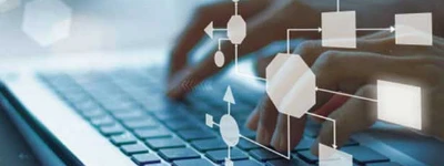 Hands type on a laptop beneath connected workflow icons representing web design services.