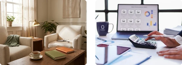 Two armchairs in a quiet concierge consult room with a cup of tea, and a marketing performance dashboard on a laptop beside a calculator and notes