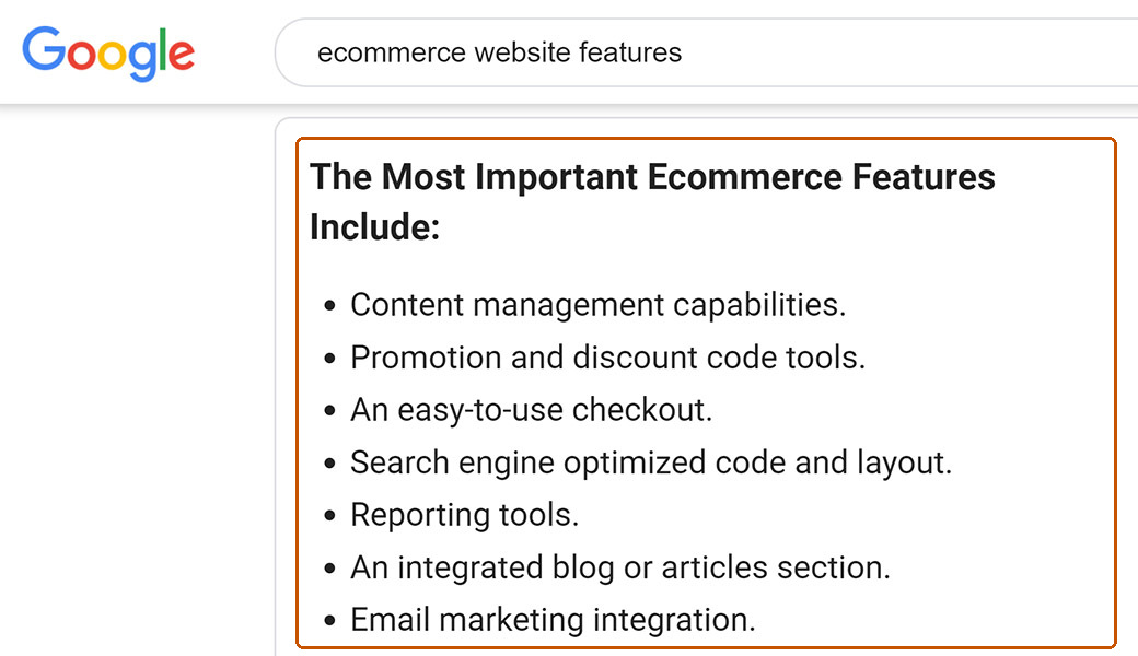 Historical Google featured answer listing ecommerce website features beneath a descriptive heading.