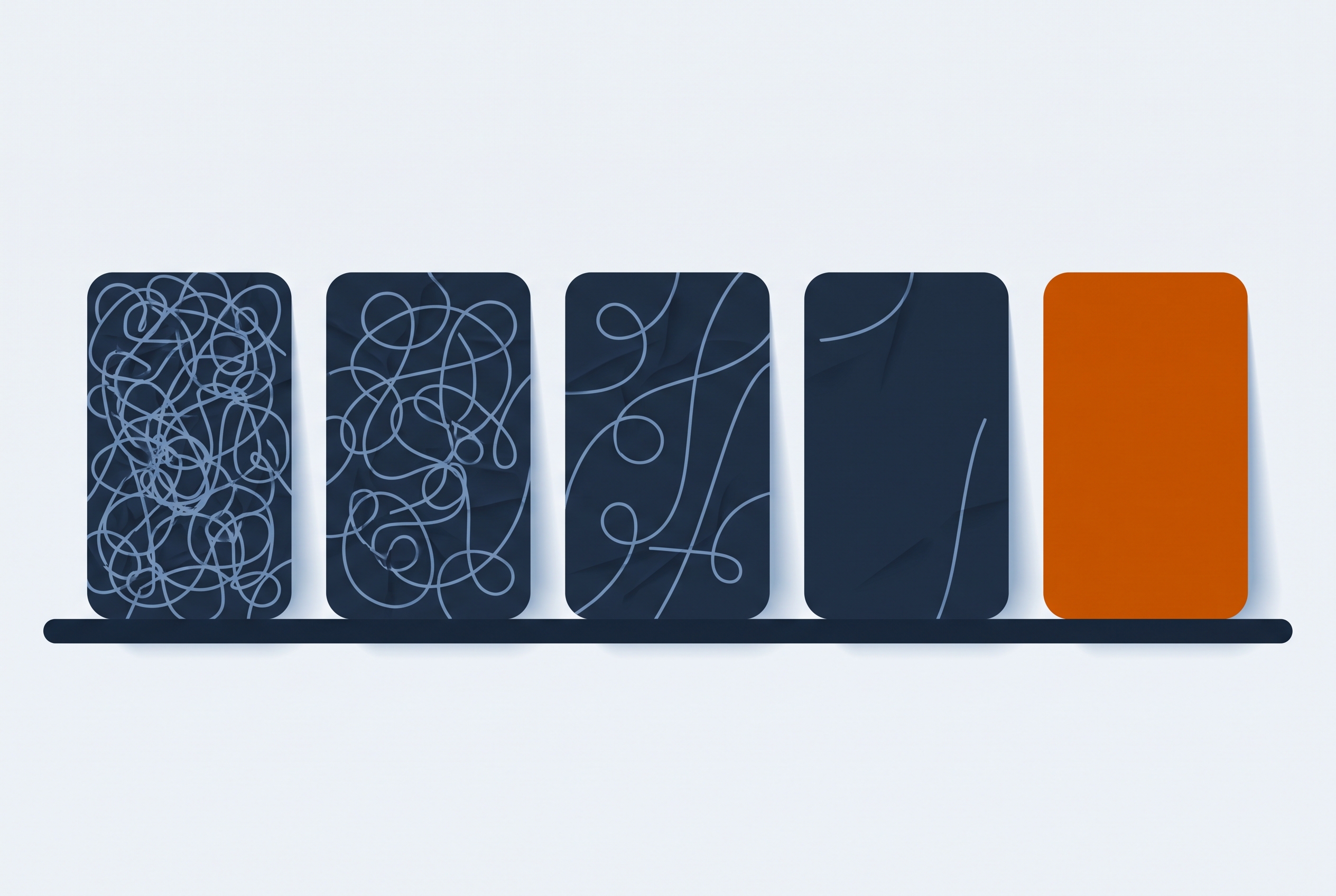 Editorial illustration of a tangled question worked down across five panels into one plain answer.