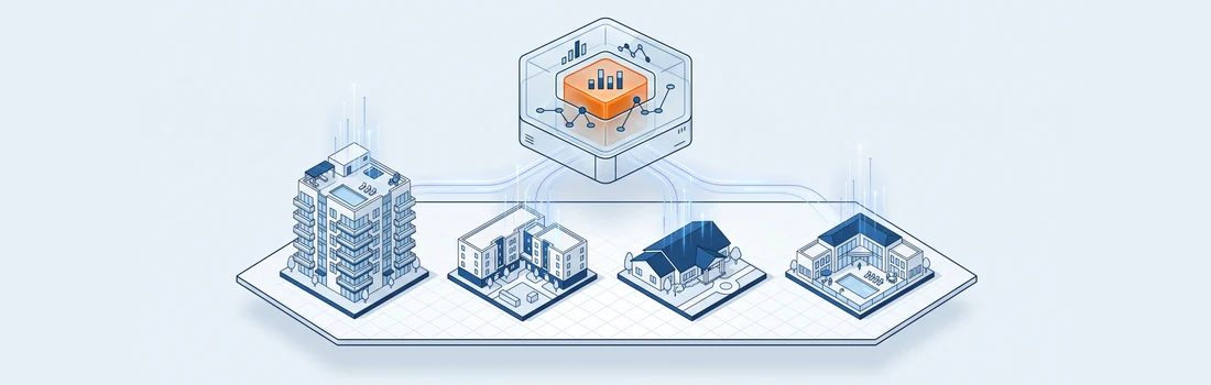 Isometric apartment, student housing, senior living and active adult buildings feeding data into one central analytics hub.
