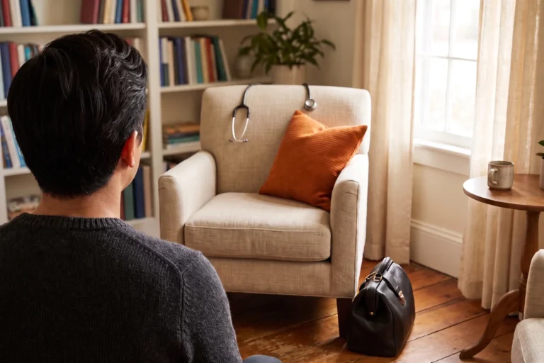 Patient seen from behind in a home-like concierge practice office, facing an armchair with a stethoscope and an orange pillow