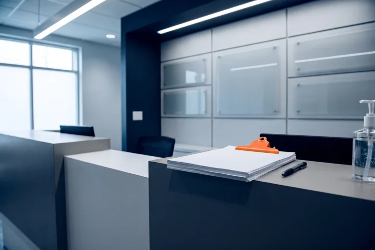 Empty urgent care front desk with blank intake forms and one orange clipboard clip