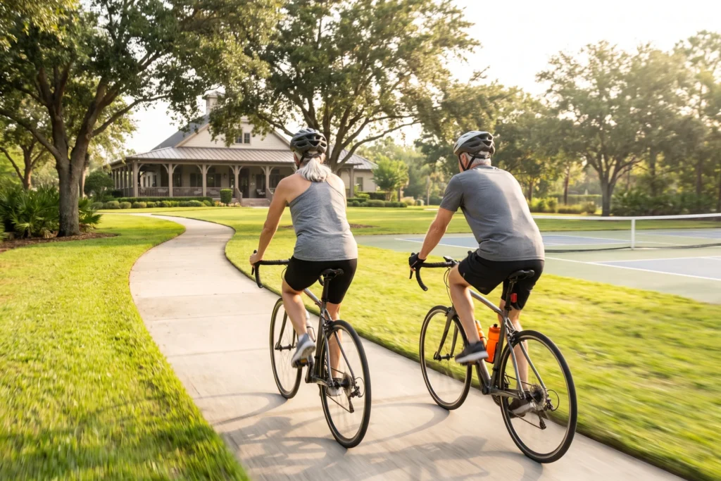 An active older couple biking a landscaped community path past a pickleball court toward a clubhouse