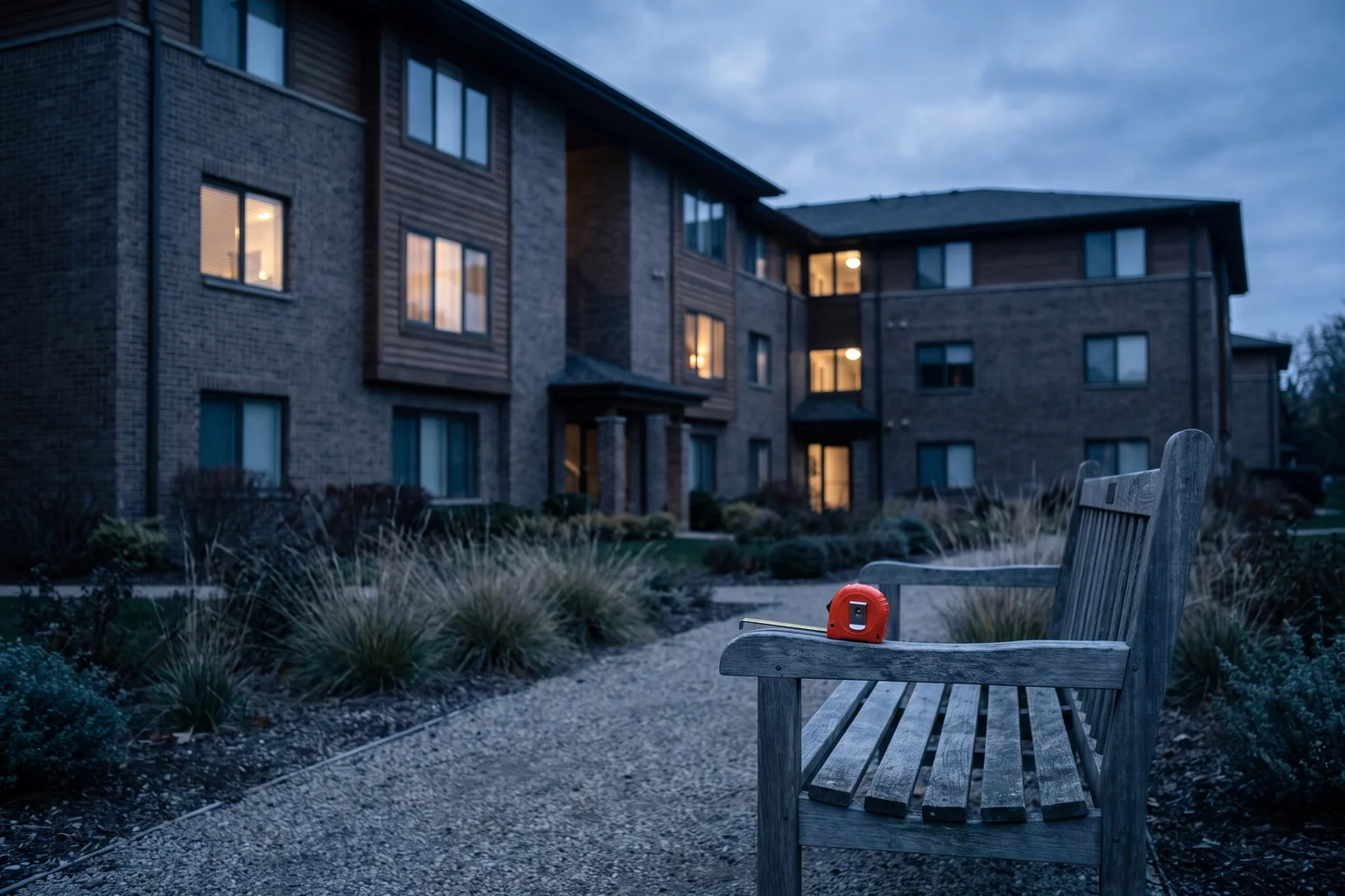 Low-rise apartment community at dusk with lit windows, a walking path, and an empty bench