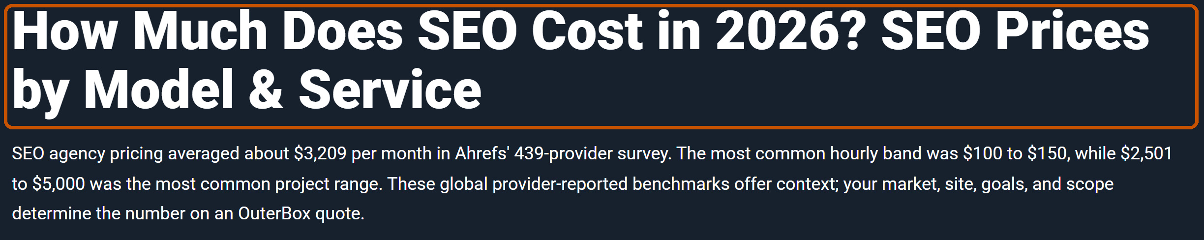 Current OuterBox pricing article heading: How Much Does SEO Cost in 2026? SEO Prices by Model & Service.