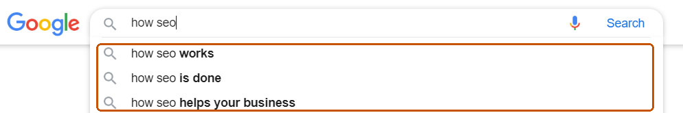 Google autocomplete suggestions for how seo: how SEO works, how SEO is done, and how SEO helps your business.