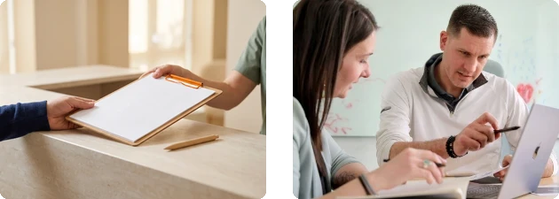 A front-desk staff member handing a patient a clipboard across the counter, and an OuterBox strategist pointing at a laptop while a colleague takes notes